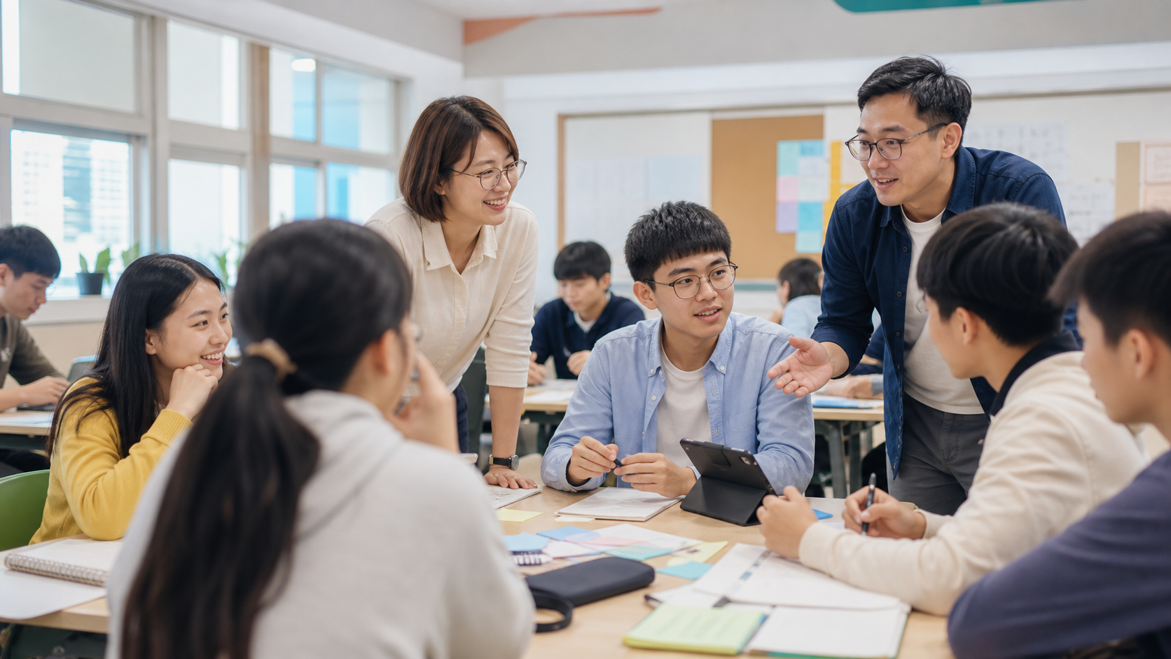 教師與學生在教室裡共同討論專題