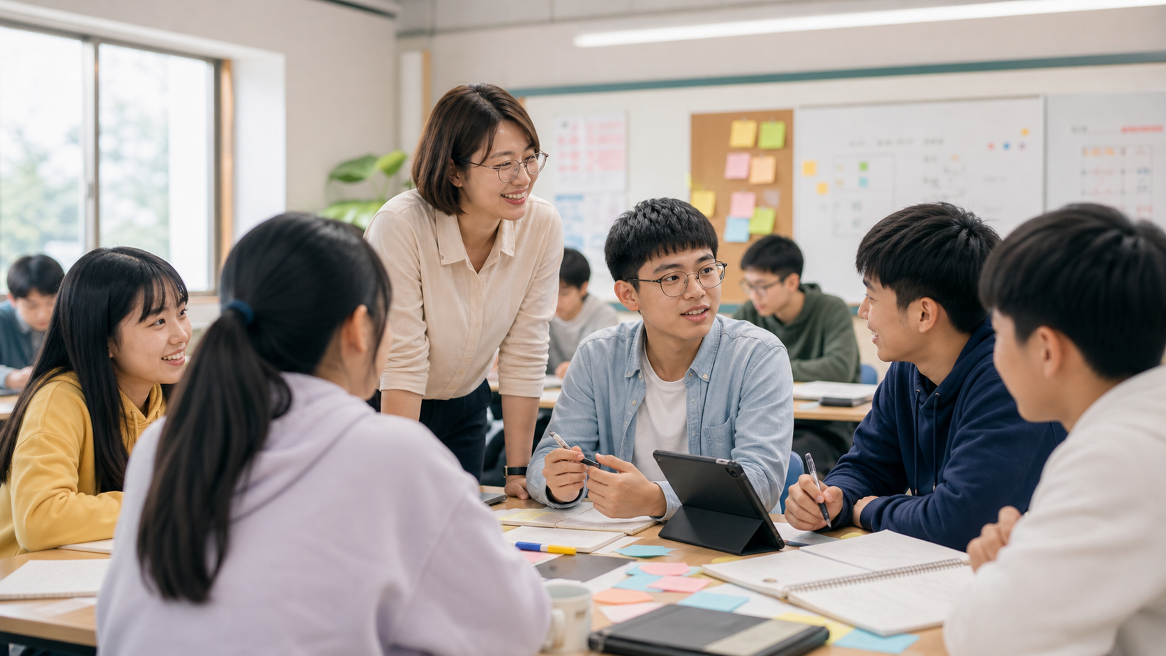 教師與學生在教室裡共同討論專題