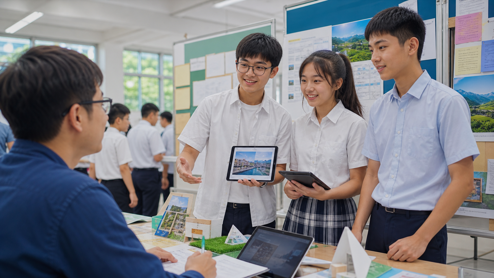 學生展示專題成果，教師在旁給予回饋